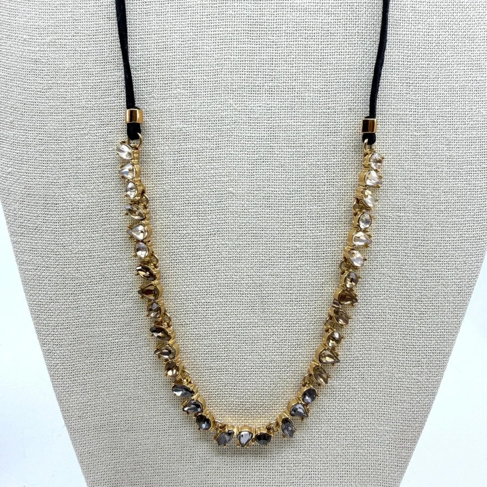 Gold Tone Smoky Gray Champagne Faceted Crystal Teardrop Cord Statement Necklace